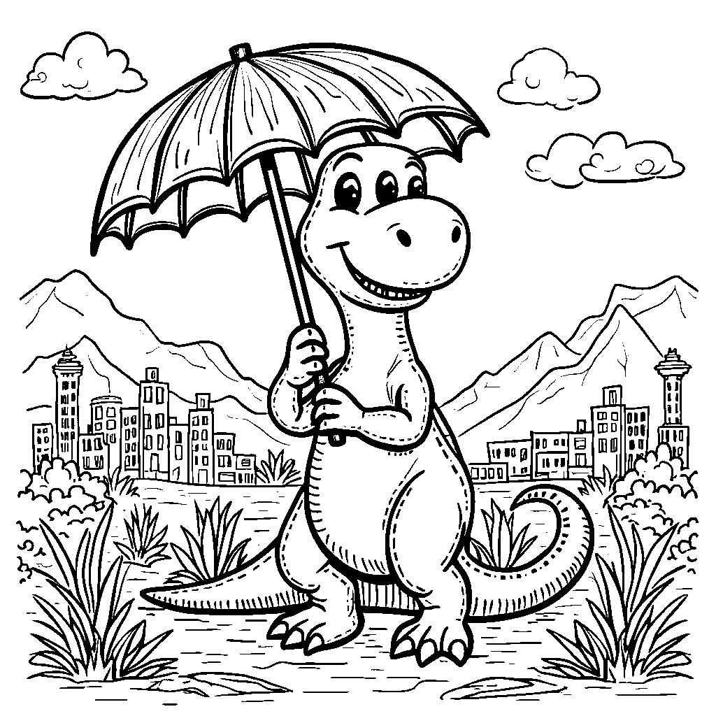 A dinosaur using an umbrella as a shield