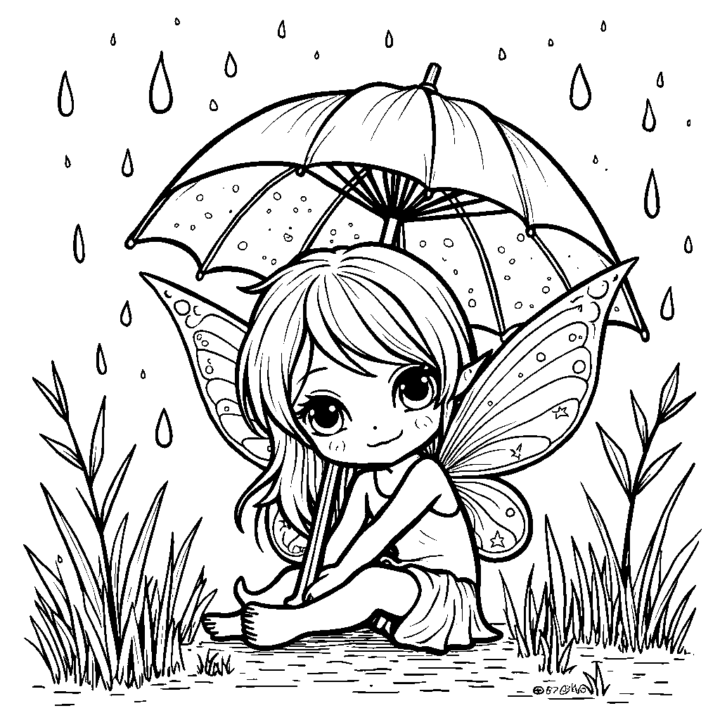 A fairy hiding under an umbrella with sparkly wings