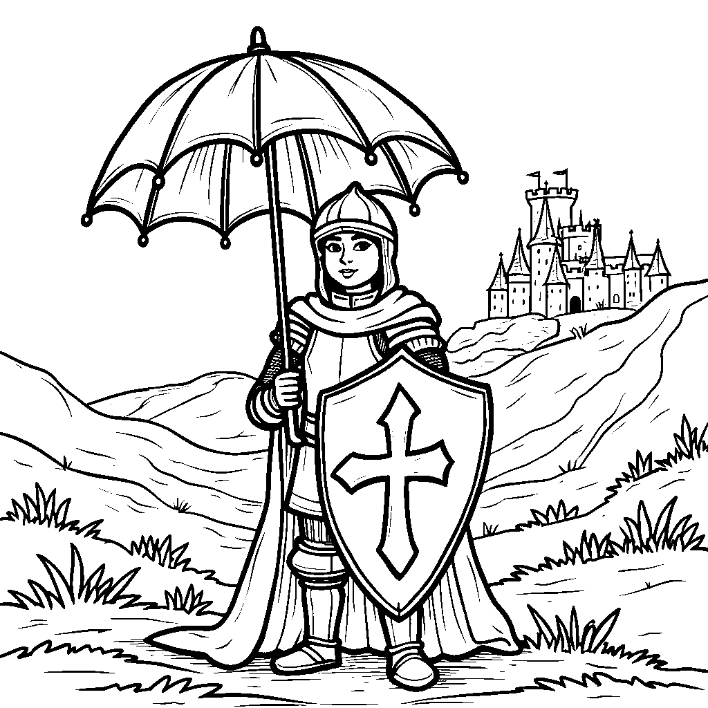 A knight holding an umbrella as a shield