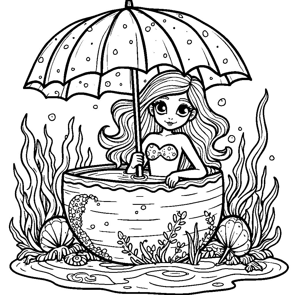 A mermaid using an umbrella as a shell