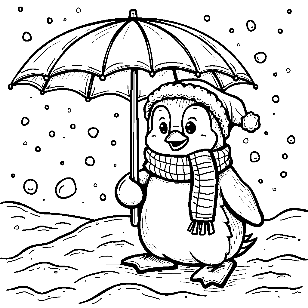 A penguin waddling with an umbrella on a snowy day