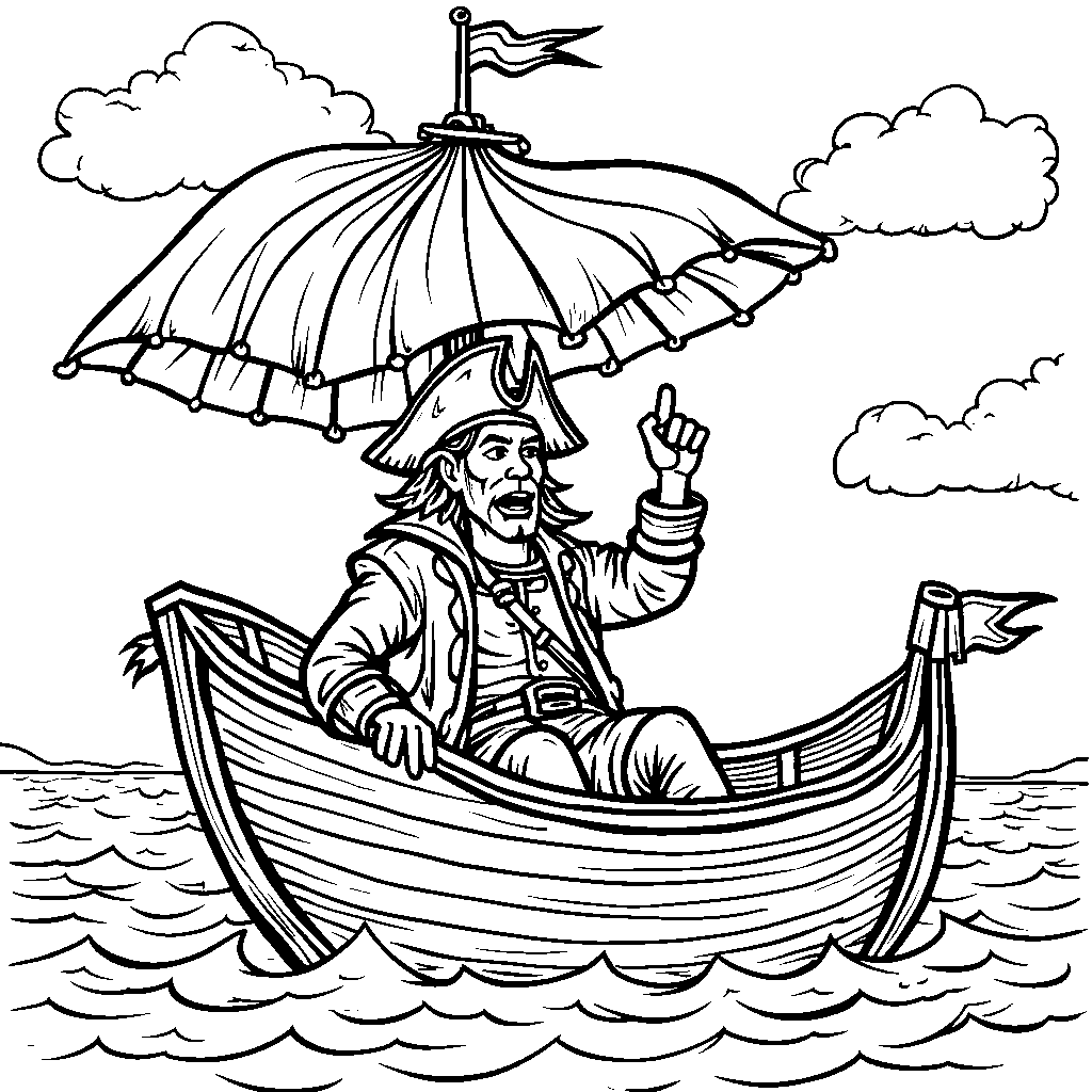 A pirate sailing with an umbrella as a sail