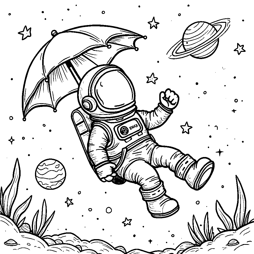 A astronaut floating with an umbrella in space