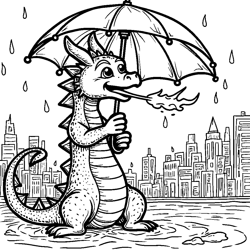 A dragon breathing fire under an umbrella