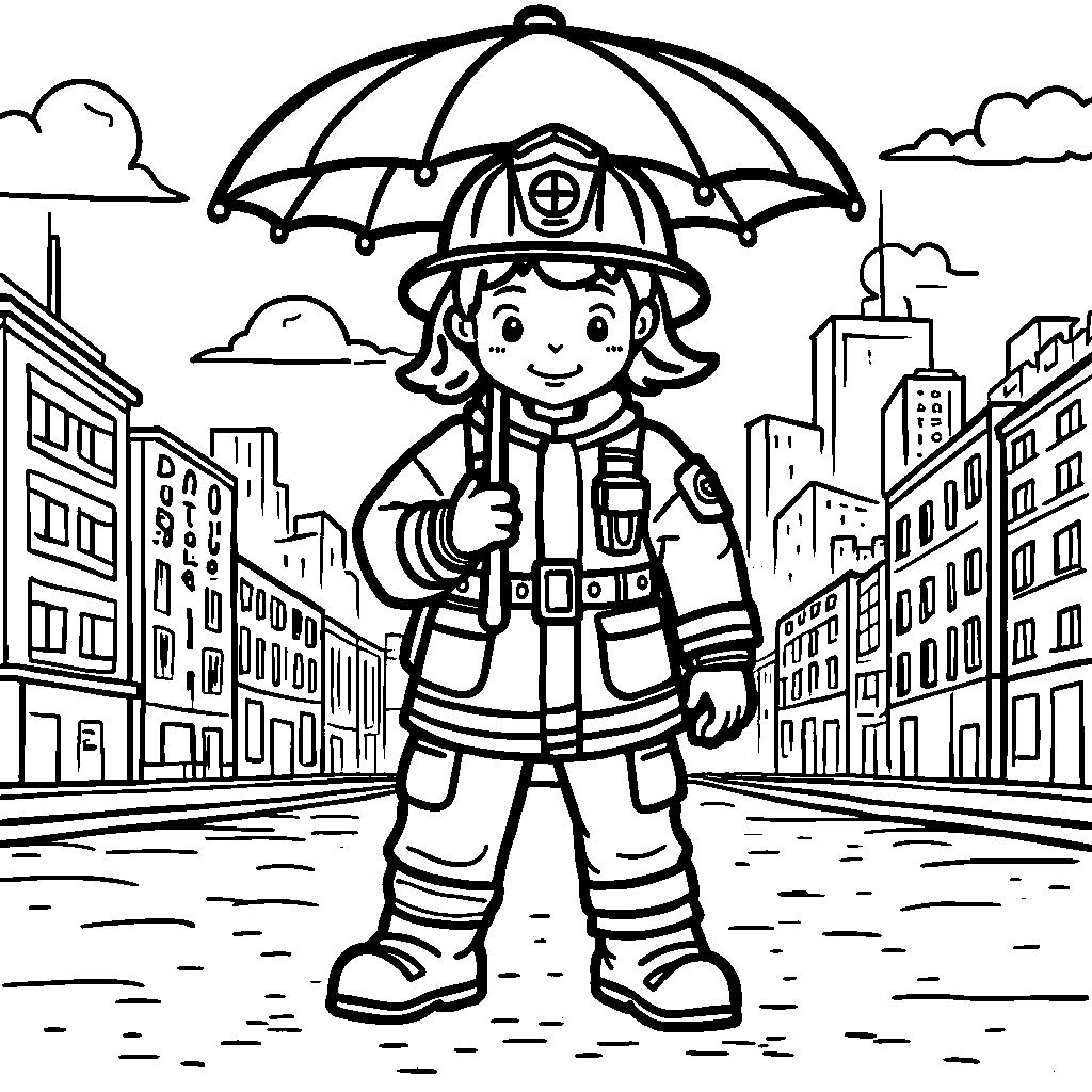 A firefighter holding an umbrella and wearing a helmet