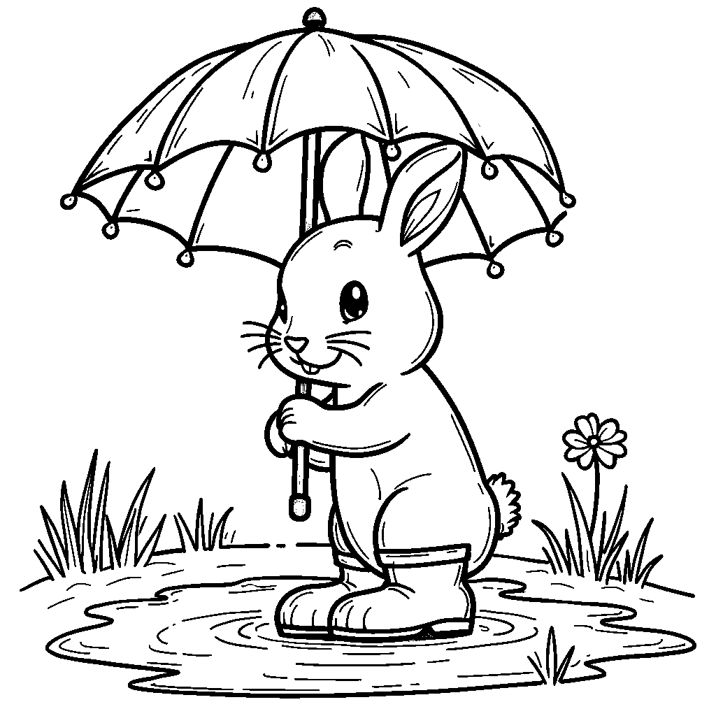 A rabbit holding an umbrella and wearing rain boots