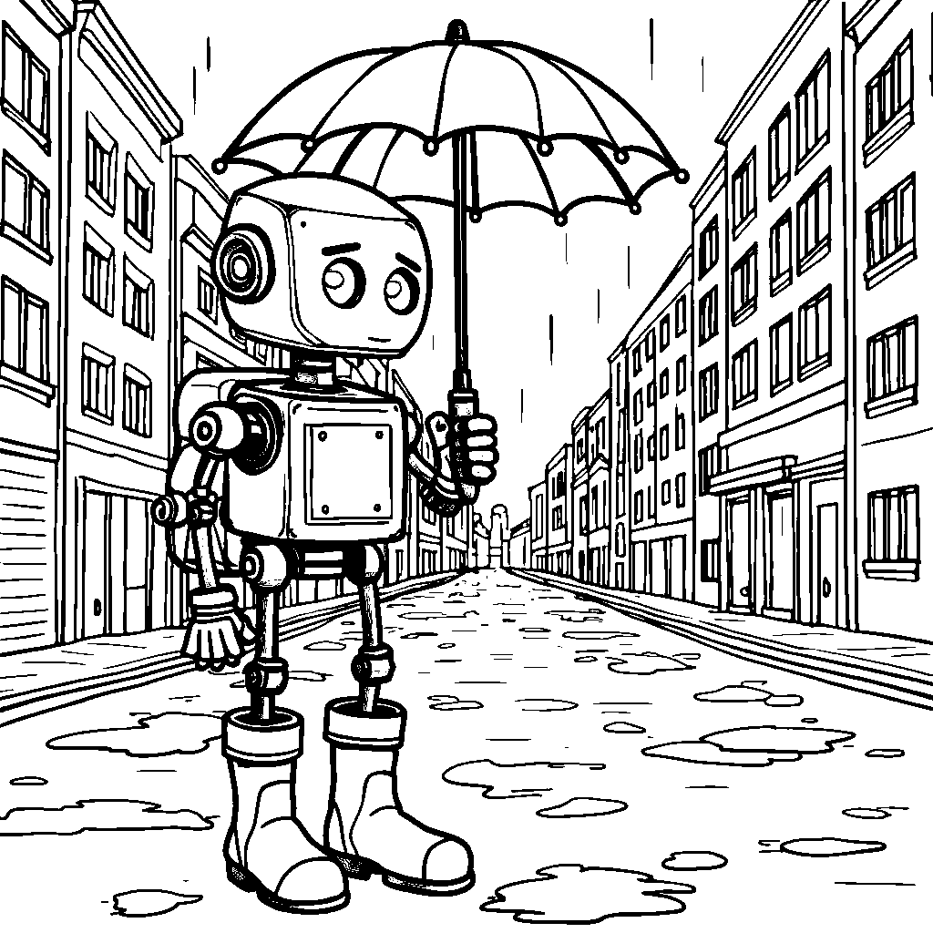 A robot holding an umbrella and wearing rain boots