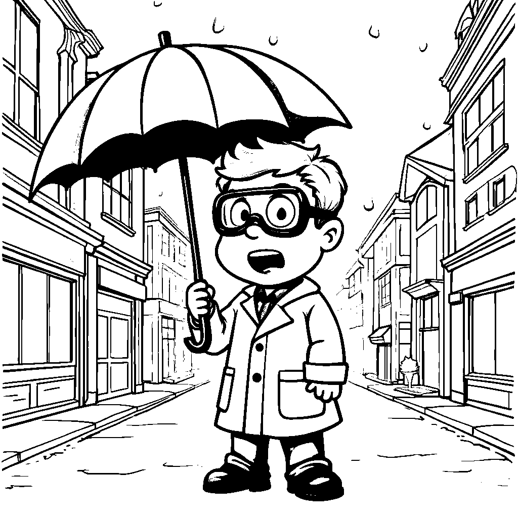 A scientist holding an umbrella and wearing goggles