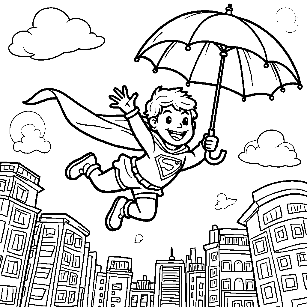 A superhero flying with an umbrella as a cape