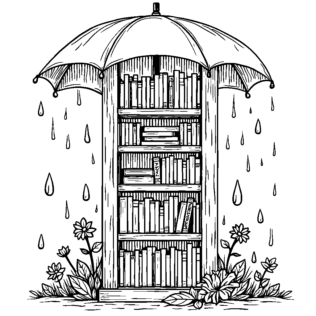 Umbrella with a built-in bookshelf and books stacked high