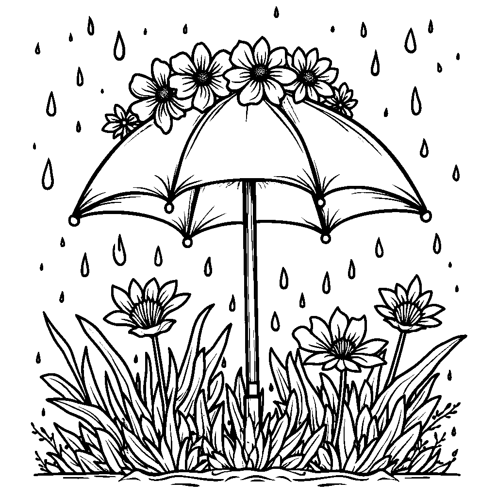 Umbrella with a built-in flower crown and a gardening hat