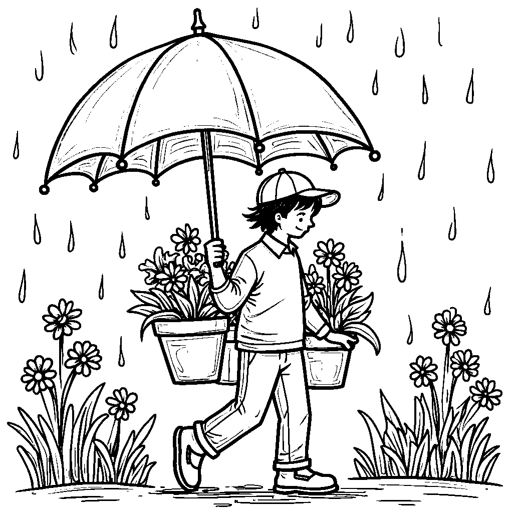 Umbrella with a built-in flower pot and blooming flowers