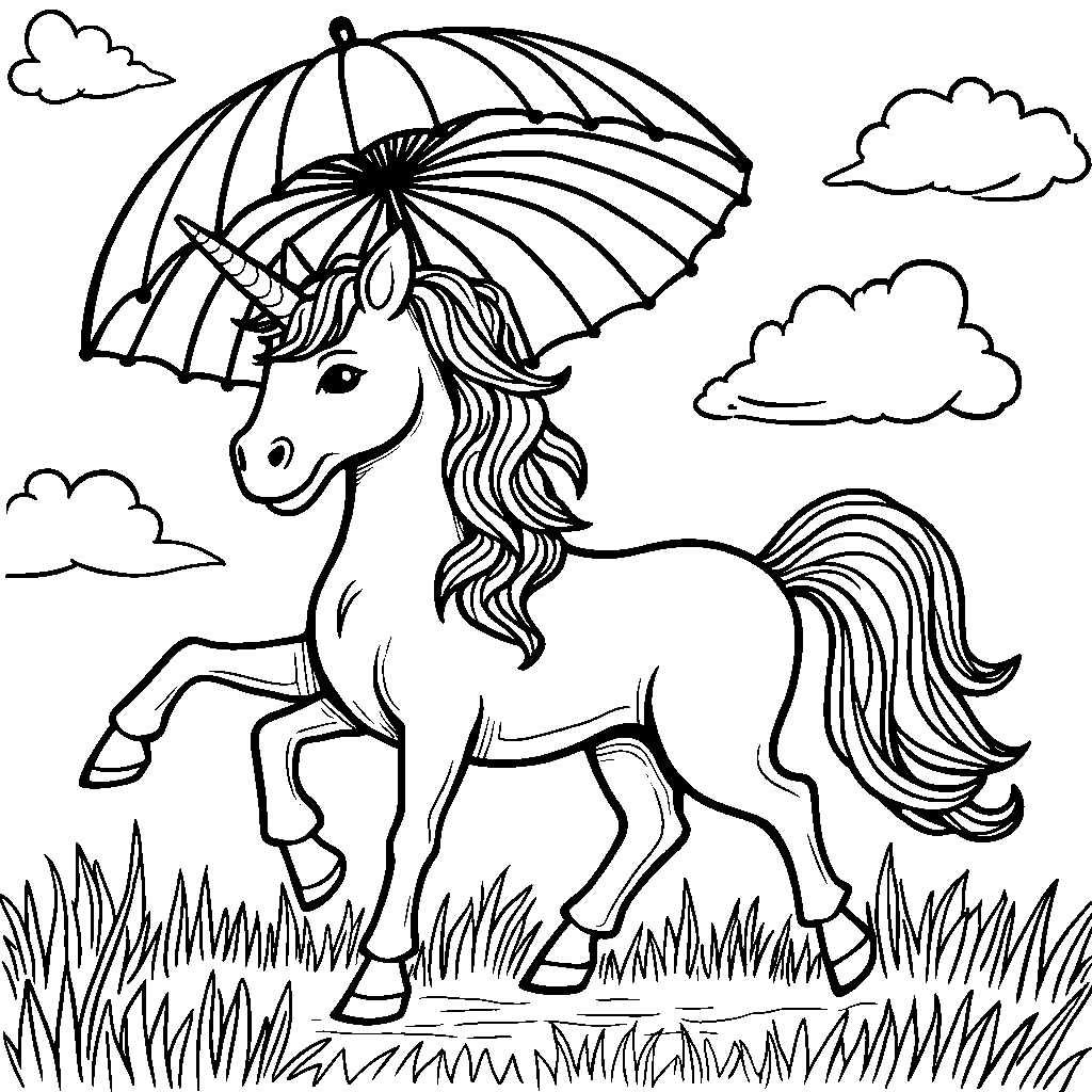 A unicorn prancing with an umbrella and a rainbow mane