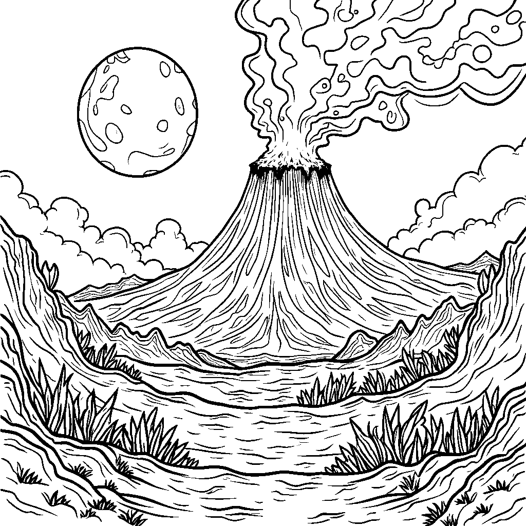 A giant volcano on a distant planet with aliens nearby