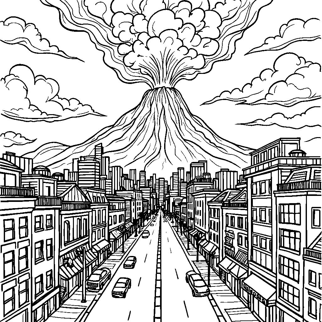 A volcano in the middle of a city with buildings around it