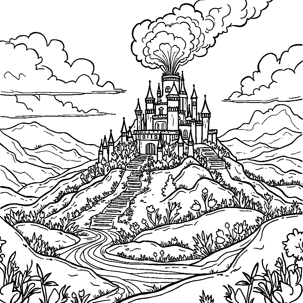 A volcano in the middle of a fairy tale castle