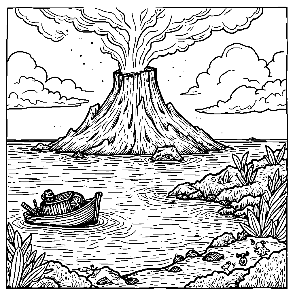 A volcano on a pirate's treasure island with a shipwreck nearby