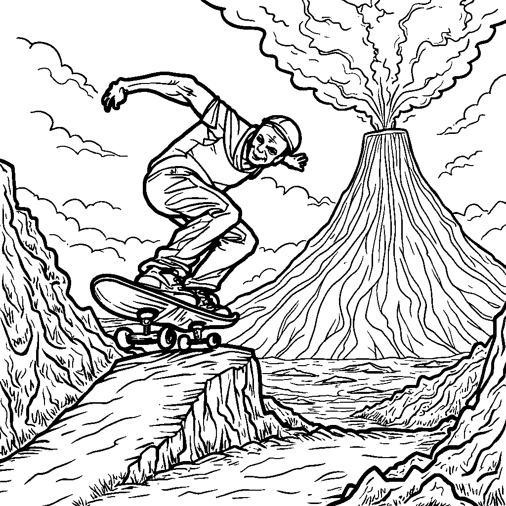 A volcano on a skateboard racing down a hill