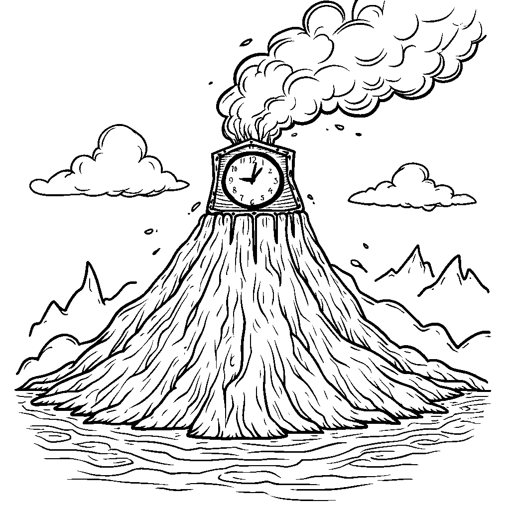 A volcano with a giant clock ticking away