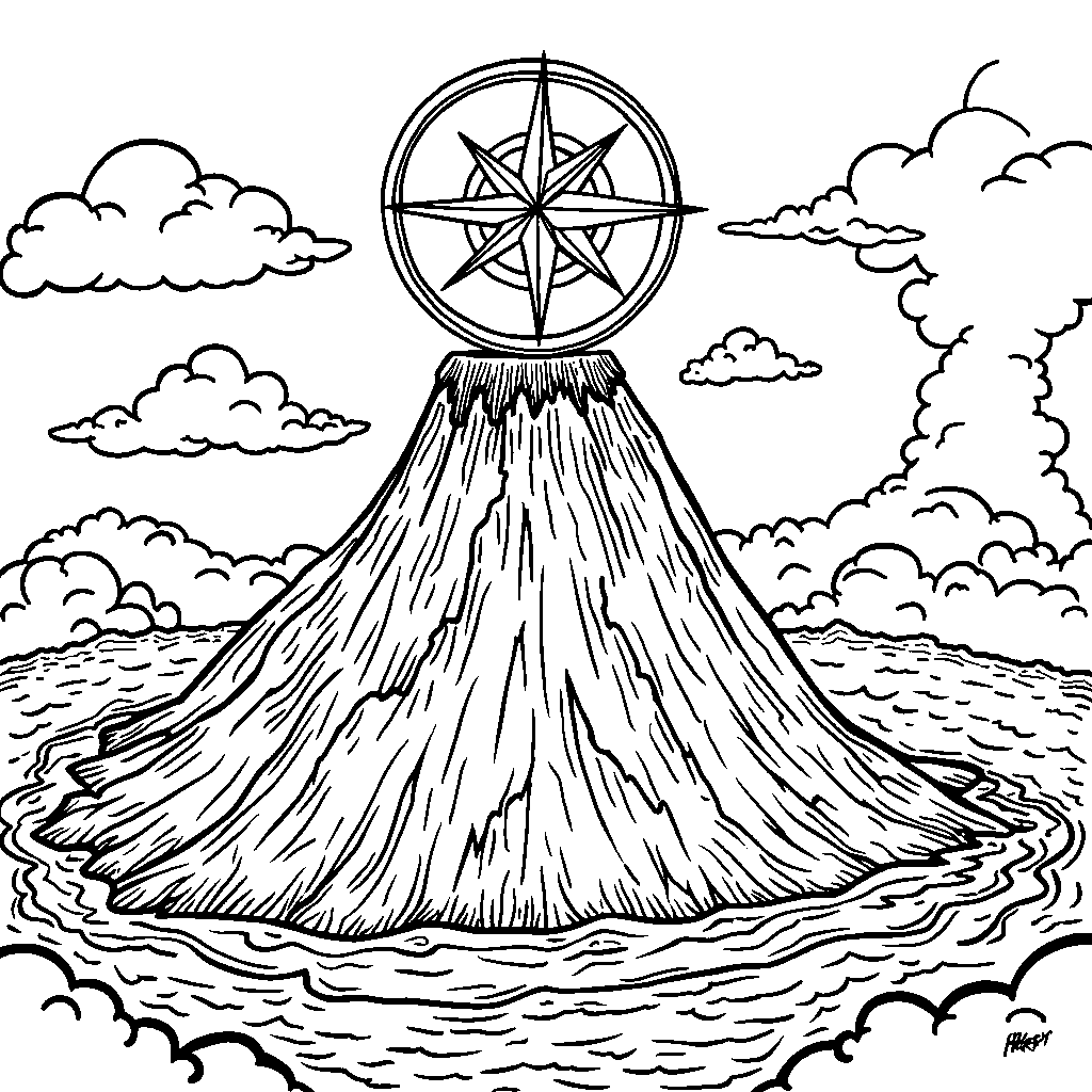 A volcano with a giant compass pointing to adventure