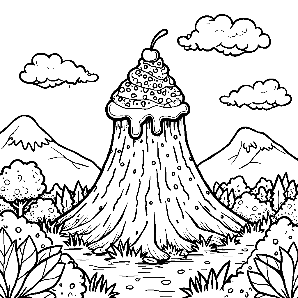 A volcano with a giant ice cream cone on top