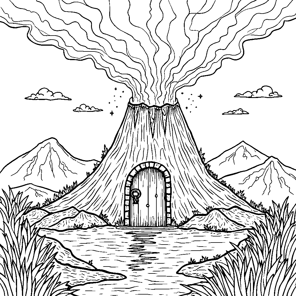 A volcano with a giant key unlocking a secret door