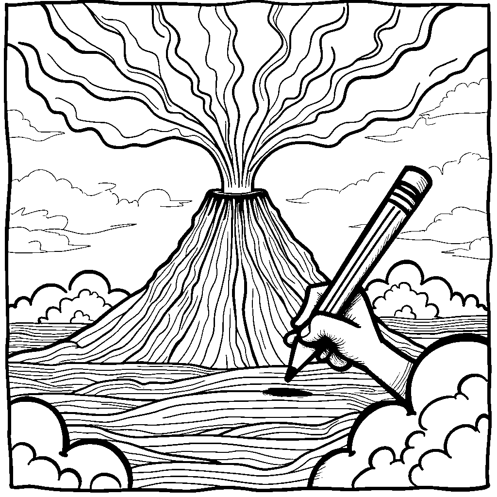 A volcano with a giant pencil drawing a picture