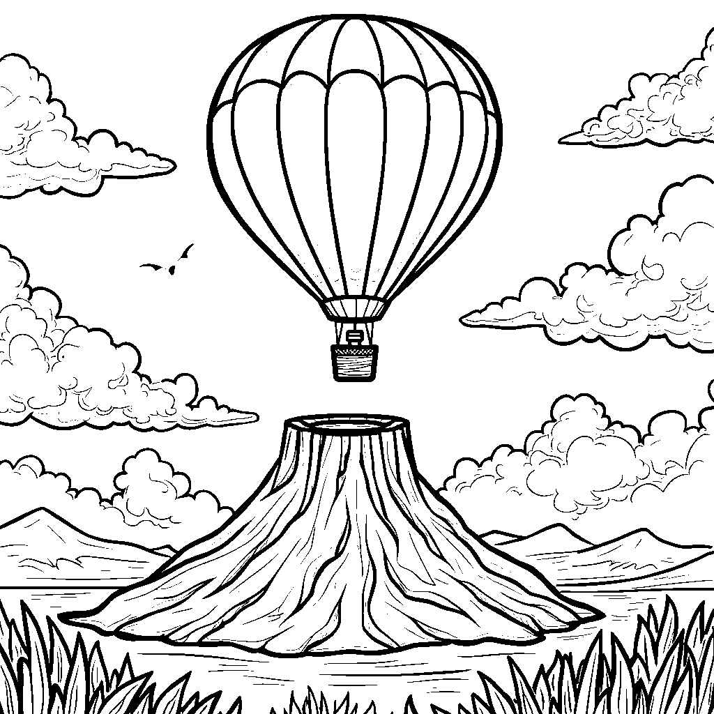 A volcano with a hot air balloon flying above