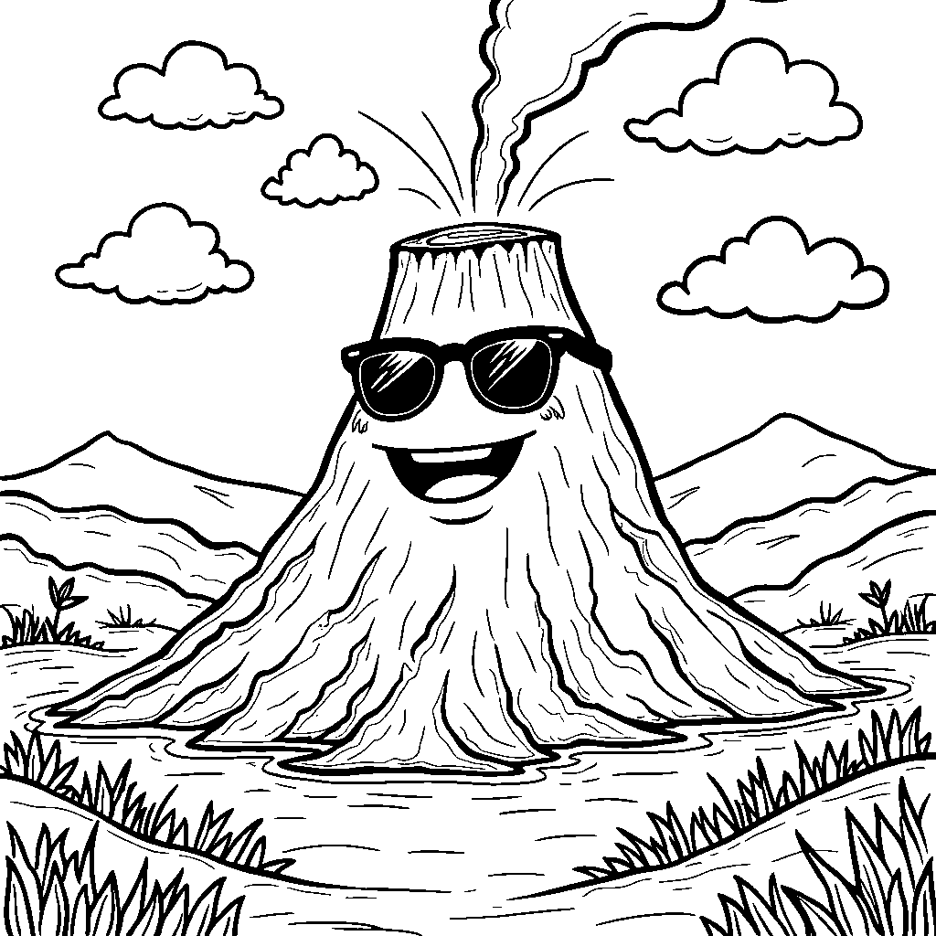 A happy volcano wearing sunglasses and a smile