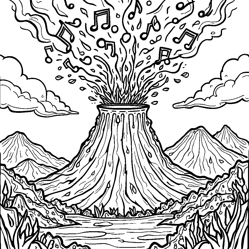 Volcano erupting with musical notes and instruments