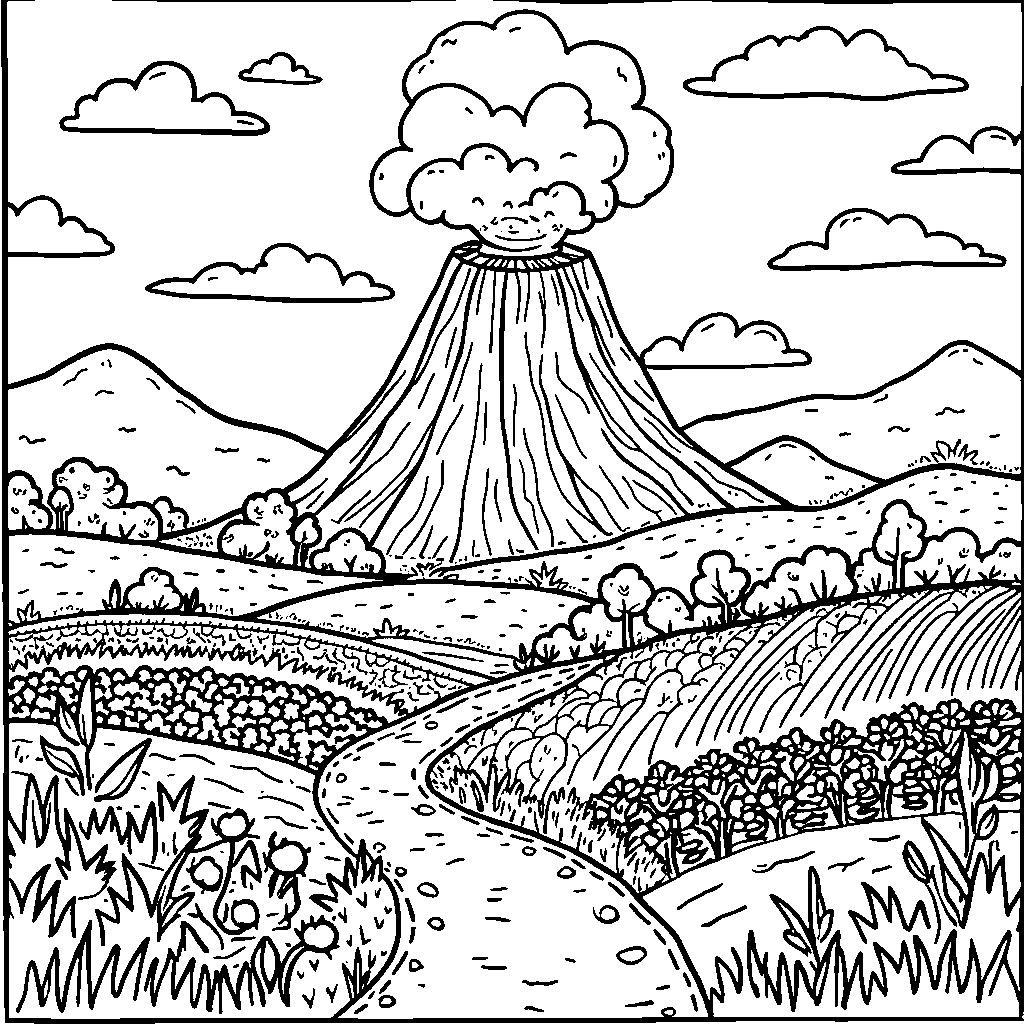 Volcano surrounded by a farm with animals and crops