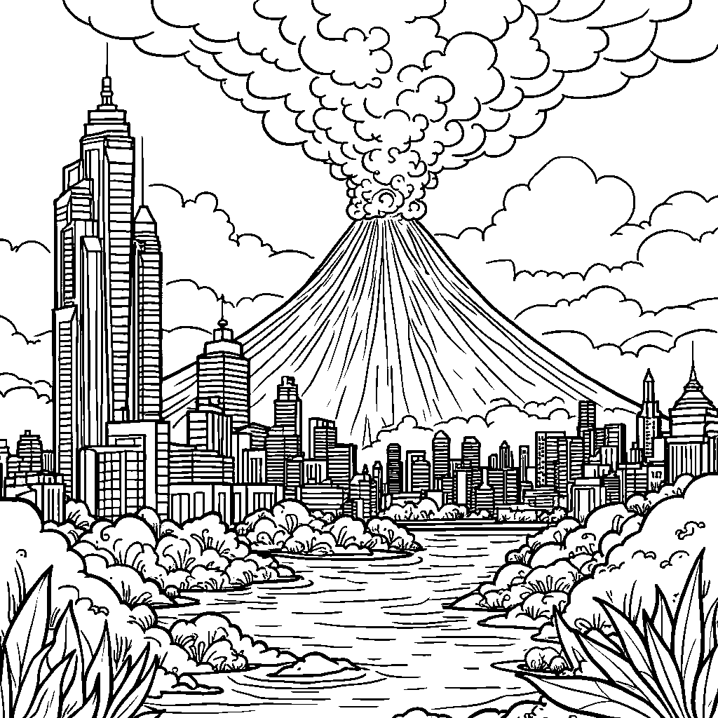 Volcano surrounded by a futuristic city with robots