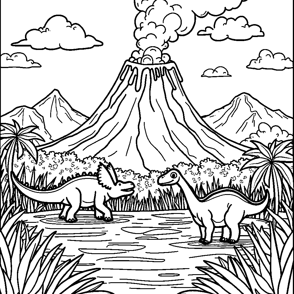 Volcano surrounded by dinosaurs roaming freely