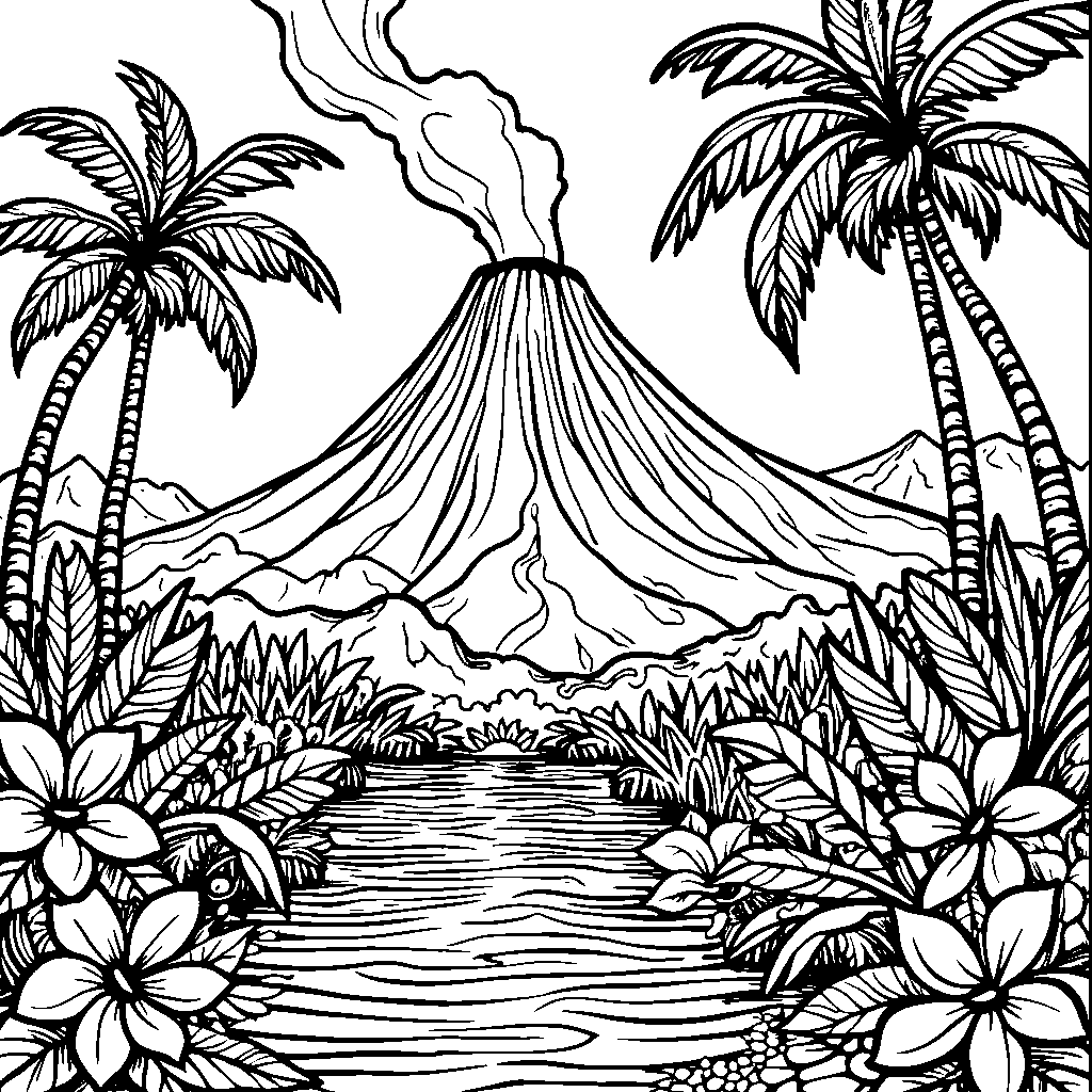 Volcano surrounded by tropical flowers and palm trees