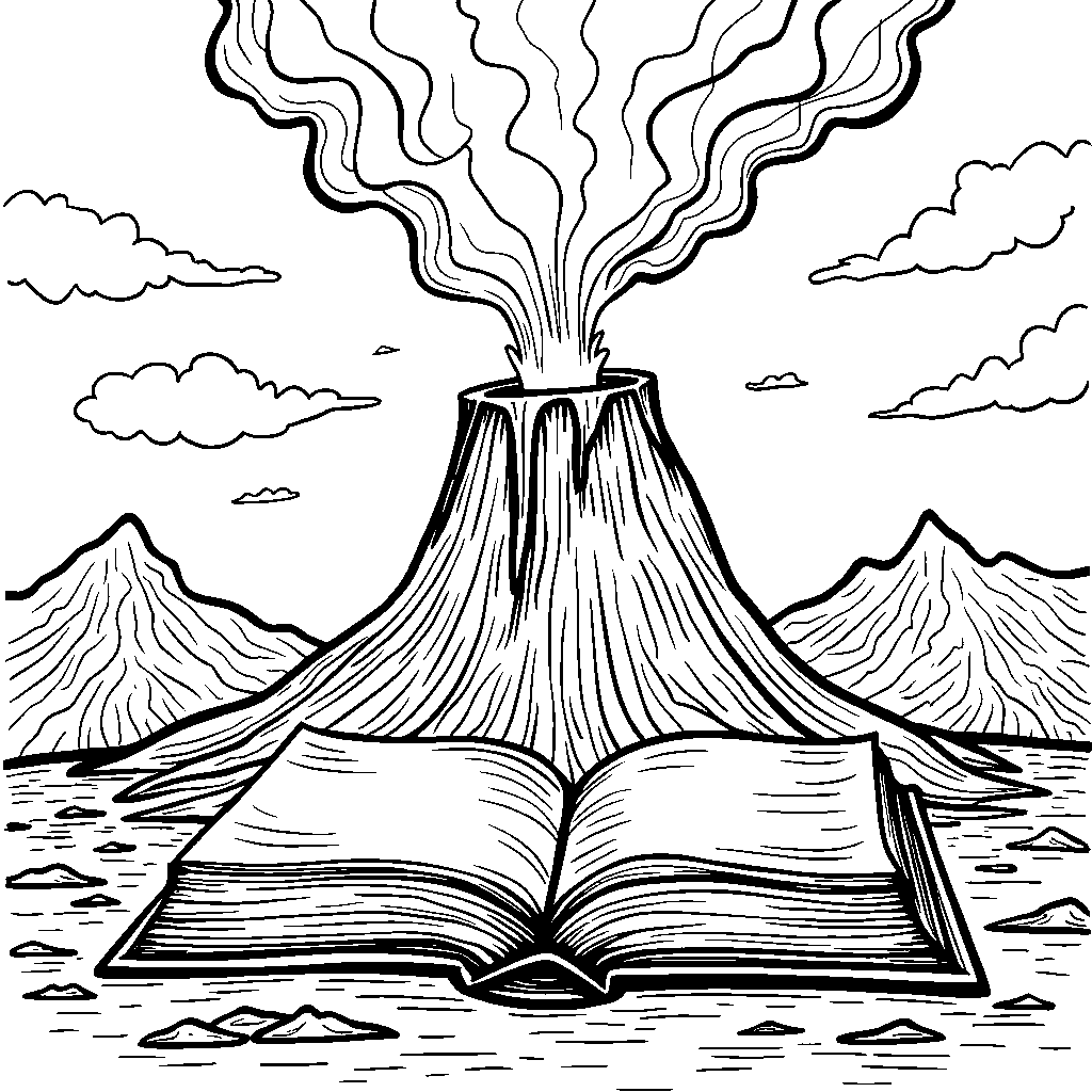 Volcano with a giant book open to a page about volcanoes