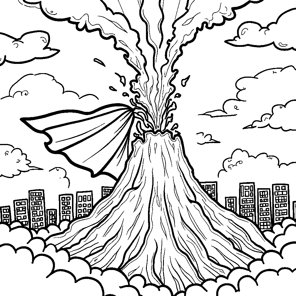 Volcano with a superhero cape flying behind it