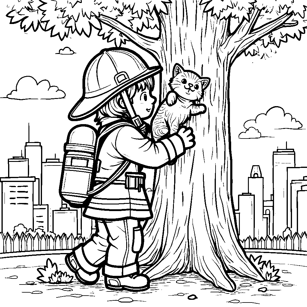 A brave firefighter saving a kitten from a tree