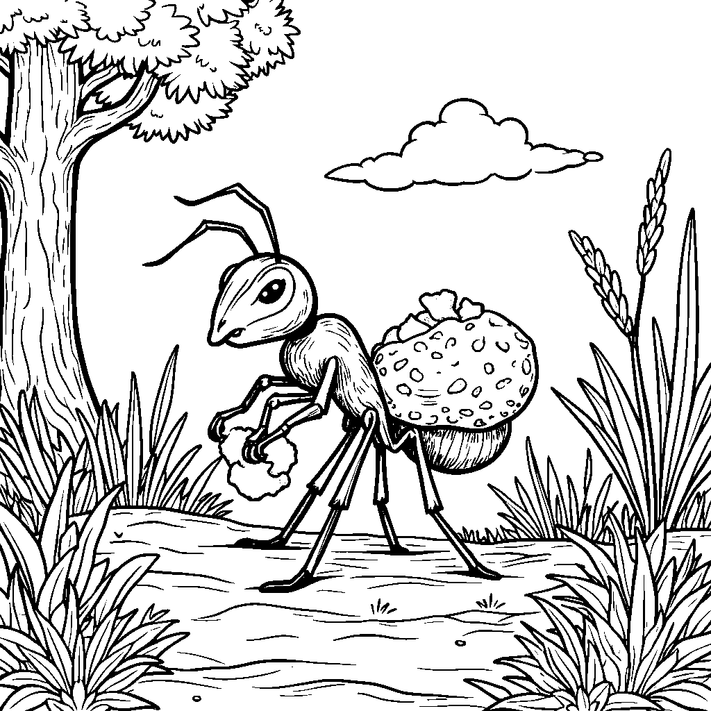 A busy ant carrying a crumb back to its anthill