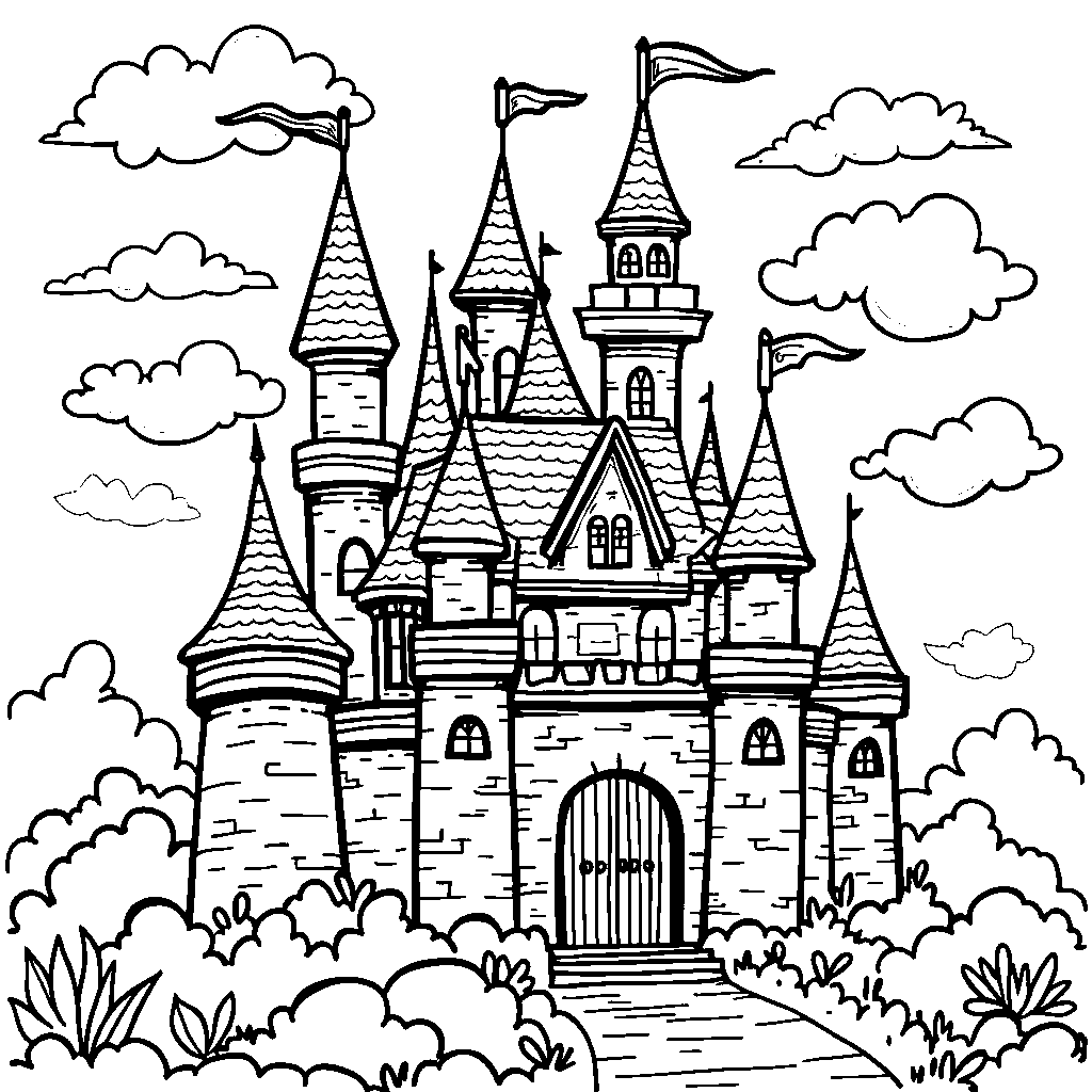 A colorful castle with a dragon flying overhead