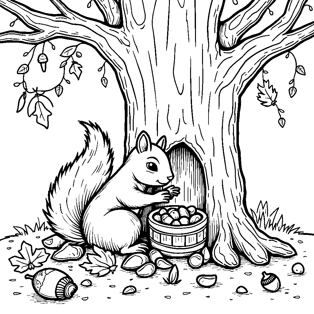 A curious squirrel storing nuts in a tree