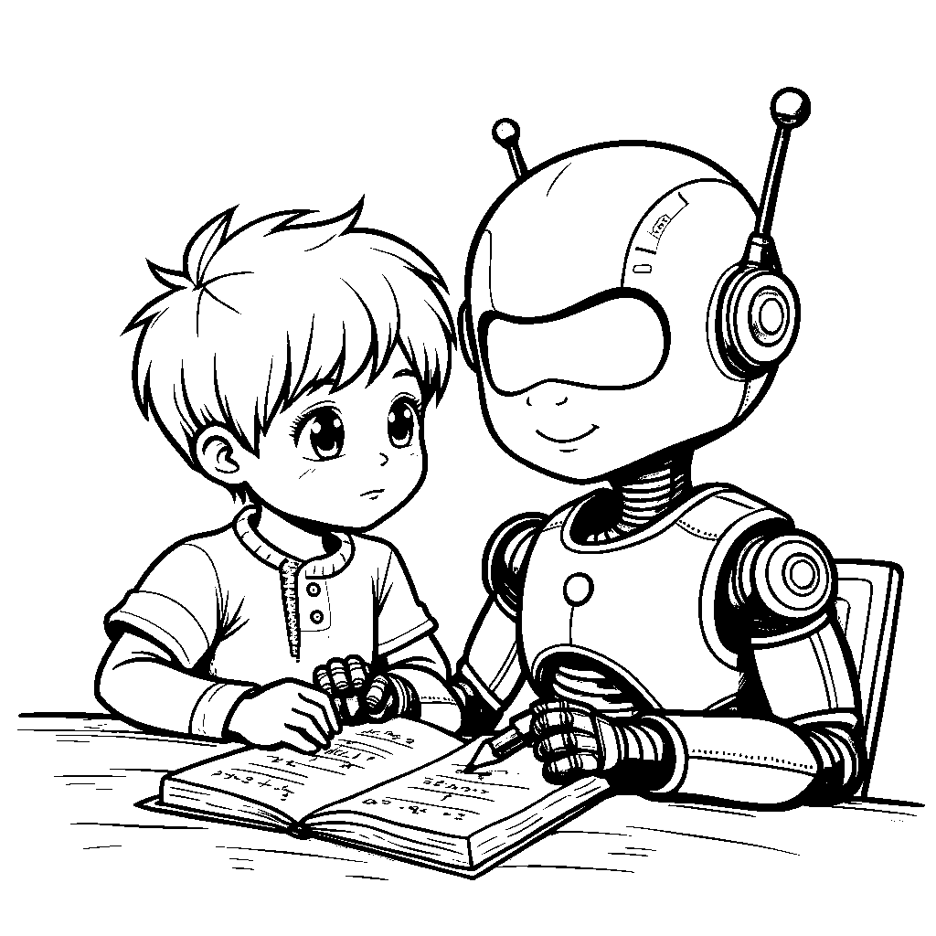 A friendly robot helping a child with homework