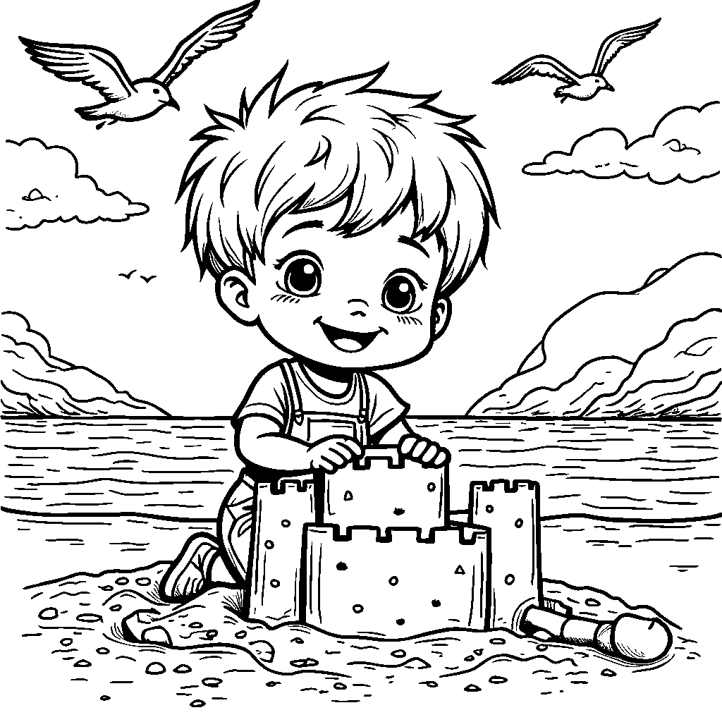 A happy child building a sandcastle on the beach