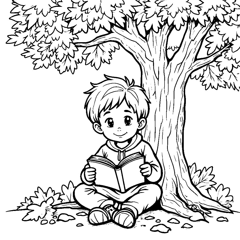 A happy child reading a book under a tree