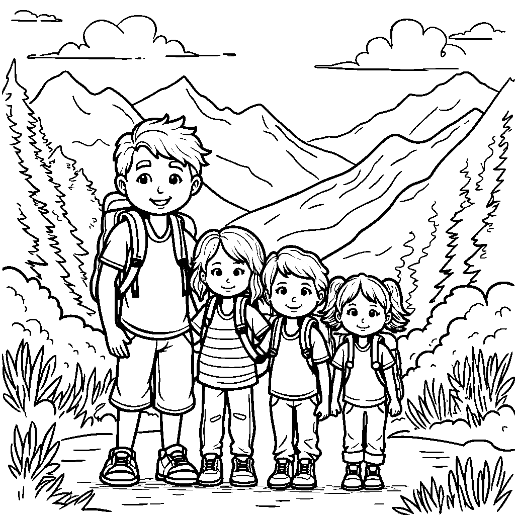 A happy family going on a hike in the mountains