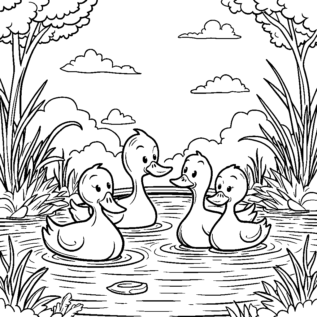 A happy family of ducks swimming in a pond