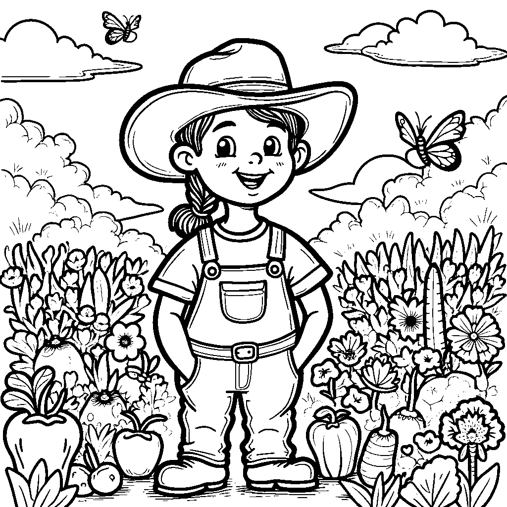 A happy farmer tending to a garden full of veggies