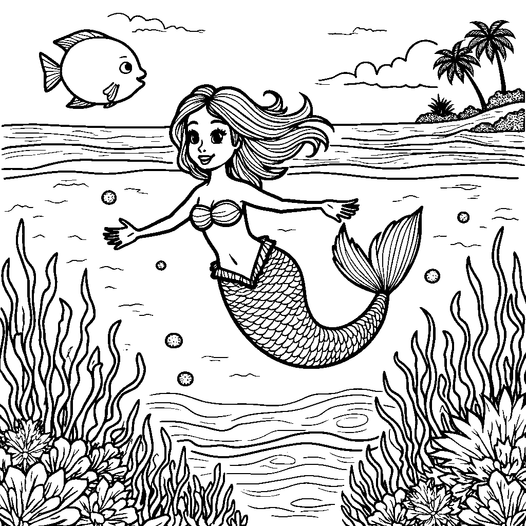 A happy mermaid swimming in the ocean