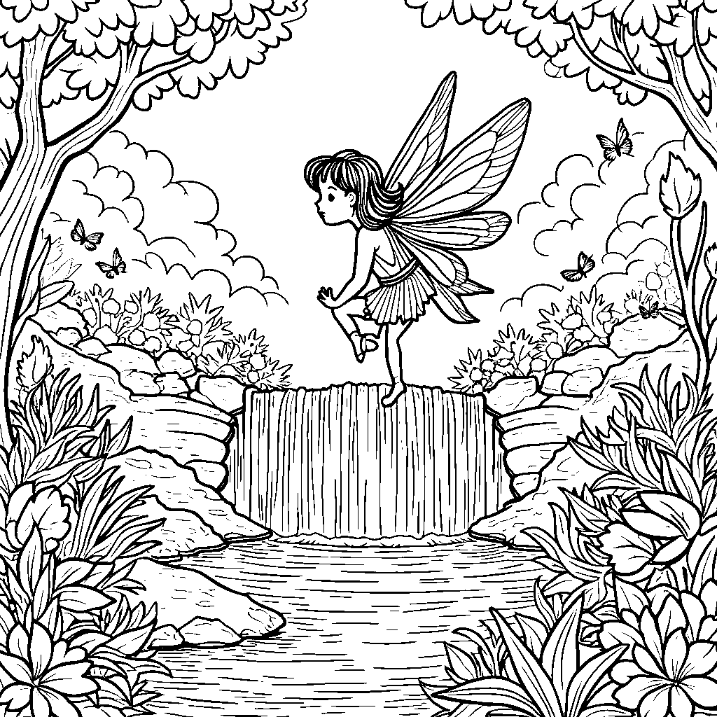 A magical fairy flying over a sparkling waterfall