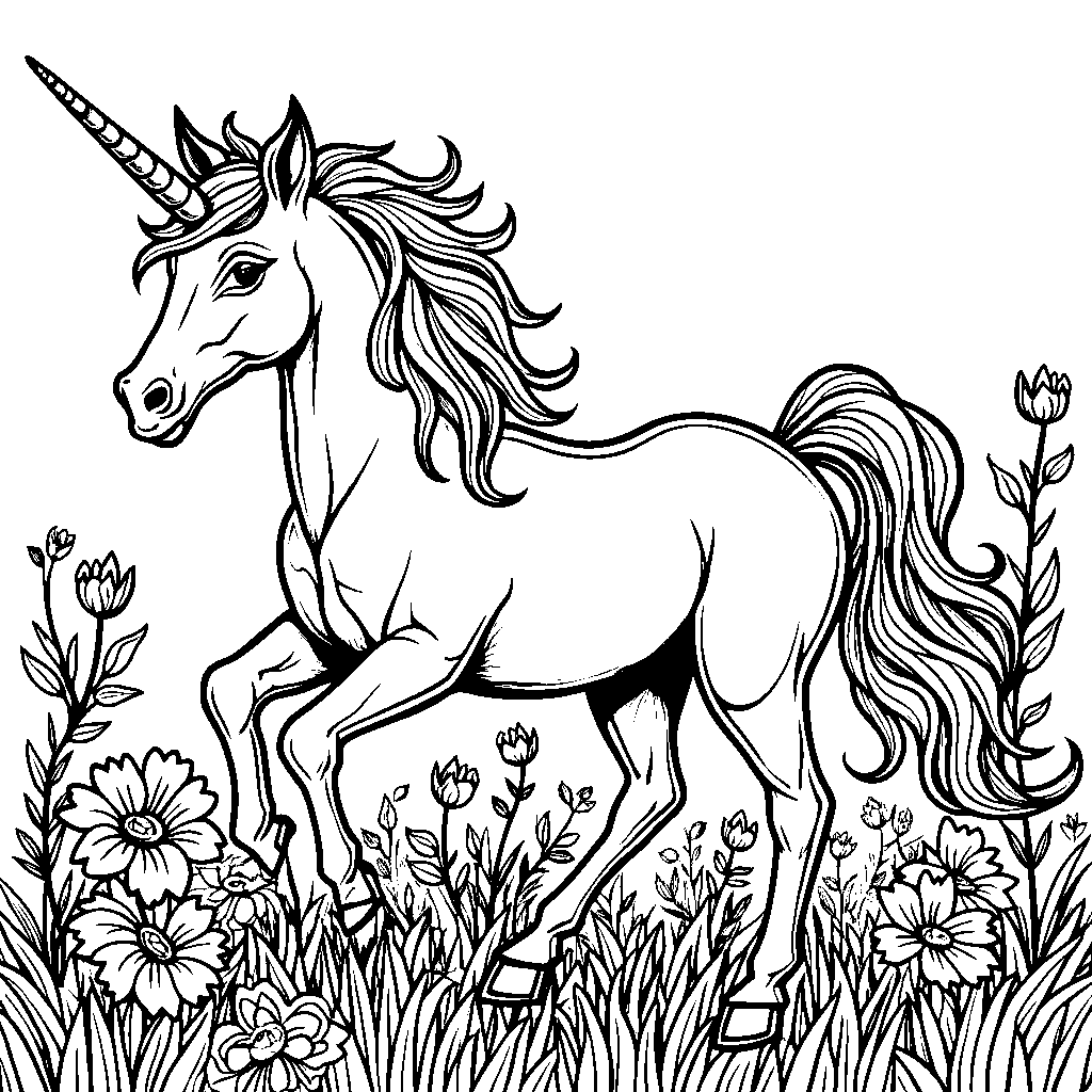 A magical unicorn prancing in a field of flowers