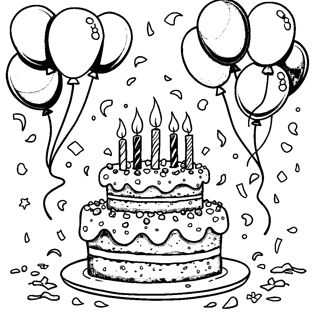 A happy birthday cake with candles and balloons